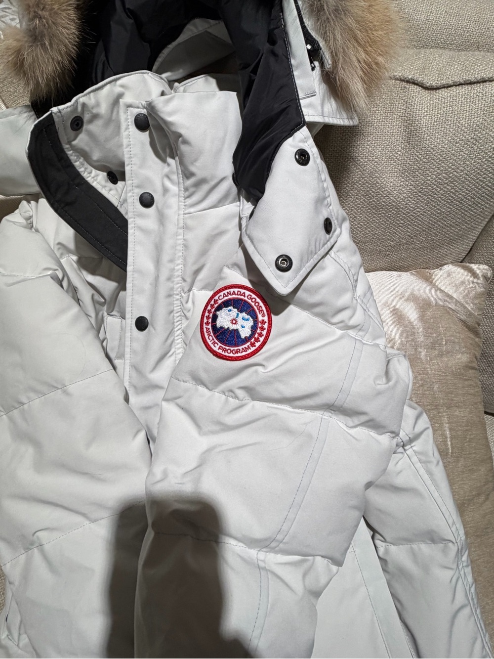 Canada Goose Kids Off-White Down Parka with Fur-Trim Hood